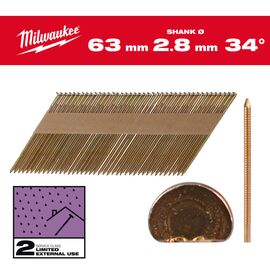 Гвозди Milwaukee 34° D-HEAD 63 X 28 MM／RS／G／SC2 2200 PC - 4932492607, Тип скобы / калибр: 2.8, Длина (мм): 63, Модель: 34° D-HEAD 63 X 28 MM／RS／G／SC2 2200 PC, фото 