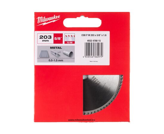 Пильный диск по металлу Milwaukee CSB P M 203 x ⅝ inx1,6 x 70 для циркулярной пилы - 4932478815, Диаметр диска (мм): 203, Посадочный диаметр (мм): 15,87, Модель: CSB P M 203 x ⅝ inx1,6 x 70, фото 