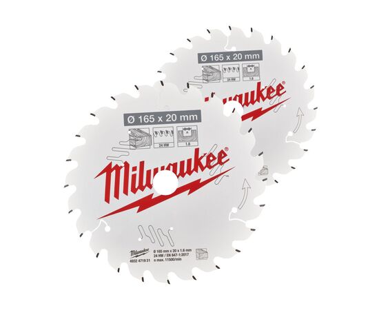 Пильный диск по дереву Milwaukee CSB Twin Pack 165 x 20 x 40T／40T для циркулярной пилы - 4932492433, Диаметр диска (мм): 165, Посадочный диаметр (мм): 20, Модель: CSB Twin Pack 165 x 20 x 40T／40T, фото 