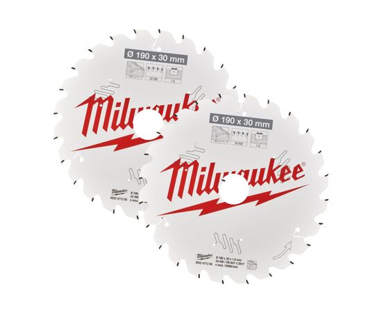 Пильный диск по дереву Milwaukee CSB Twin Pack 190 x 24T／24T для циркулярной пилы - 4932479804, Диаметр диска (мм): 190, Посадочный диаметр (мм): 30, Модель: CSB Twin Pack 190 x 24T／24T, фото 