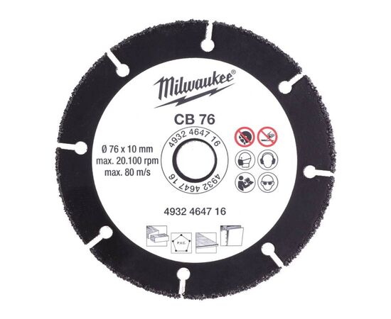 Алмазный диск Milwaukee CB 76 по дереву и пластику - 4932464716, Диаметр диска (мм): 76, Посадочный диаметр (мм): 10, Модель: CB 76, фото 
