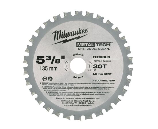 Пильный диск по металлу Milwaukee F 135 x 20 x 1.6 30T для циркулярной пилы - 48404070, Диаметр диска (мм): 135, Посадочный диаметр (мм): 20, Модель: F 135 x 20 x 1.6 30T, фото 