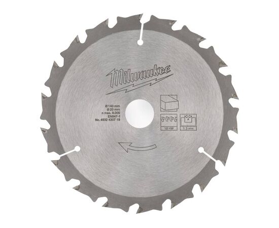 Пильный диск по дереву Milwaukee WCSB 140 x 20 x 1.3 18T для аккумуляторной циркулярной пилы - 4932430719, Диаметр диска (мм): 140, Посадочный диаметр (мм): 20, Модель: WCSB 140 x 20 x 1.3 18T, фото 