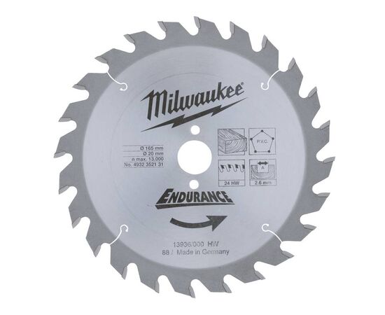 Пильный диск по дереву Milwaukee WCSB 165 x 20 x 2.6 24T для аккумуляторной циркулярной пилы - 4932352131, фото 