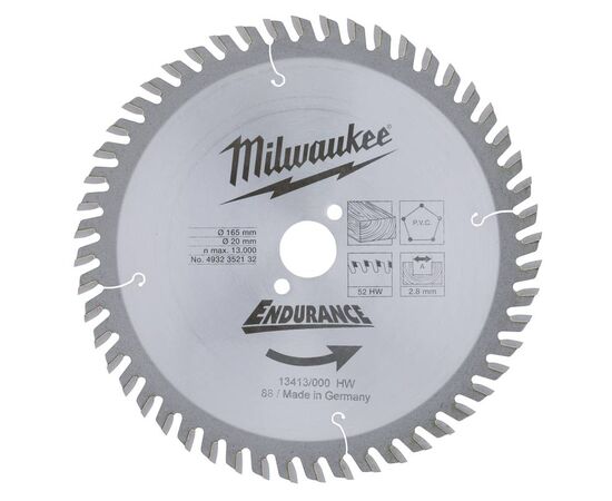 Пильный диск по дереву Milwaukee WCSB 165 x 20 x 2.8 52T для аккумуляторной циркулярной пилы - 4932352132, фото 