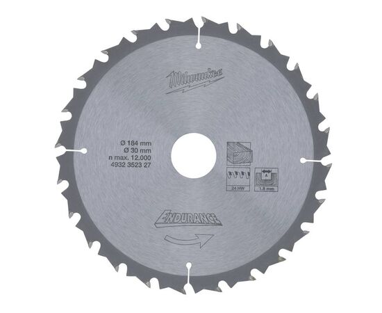 Пильный диск по дереву Milwaukee WCSB 184 x 30 x 1.8 24T для циркулярной пилы - 4932352327, Диаметр диска (мм): 184, Посадочный диаметр (мм): 30, Модель: WCSB 184 x 30 x 1.8 24T, фото 