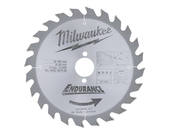 Пильный диск по дереву Milwaukee WCSB 190 x 30 x 2.4 24T для циркулярной пилы - 4932327969, Диаметр диска (мм): 190, Посадочный диаметр (мм): 30, Модель: WCSB 190 x 30 x 2.4 24T, фото 