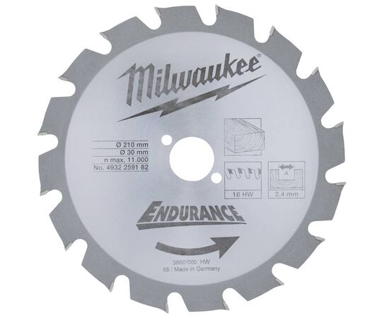 Пильный диск по дереву Milwaukee WCSB 210 x 30 x 2.4 16T для циркулярной пилы - 4932259182, Диаметр диска (мм): 210, Посадочный диаметр (мм): 30, Модель: WCSB 210 x 30 x 2.4 16T, фото 