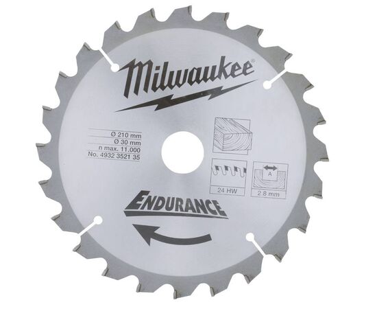 Пильный диск по дереву Milwaukee WCSB 210 x 30 x 2.8 24T для торцовочной пилы - 4932352135, Диаметр диска (мм): 210, Посадочный диаметр (мм): 30, Модель: WCSB 210 x 30 x 2.8 24T, фото 