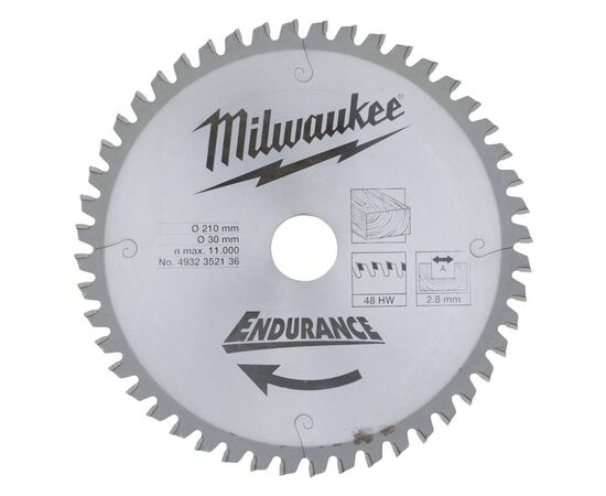 Пильный диск по дереву Milwaukee WCSB 210 x 30 x 2.8 48T для торцовочной пилы - 4932352136, Диаметр диска (мм): 210, Посадочный диаметр (мм): 30, Модель: WCSB 210 x 30 x 2.8 48T, фото 