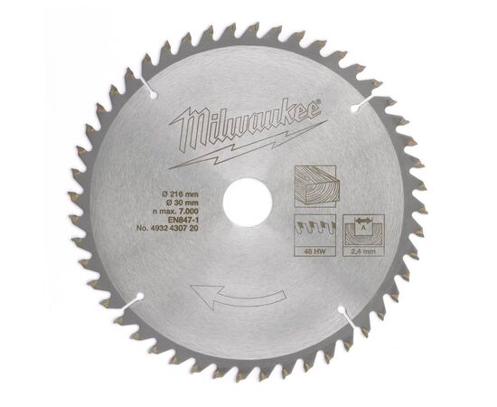 Пильный диск по дереву Milwaukee WCSB 216 x 30 x 2.4 48T для торцовочной пилы - 4932430720, Диаметр диска (мм): 216, Посадочный диаметр (мм): 30, Модель: WCSB 216 x 30 x 2.4 48T, фото 
