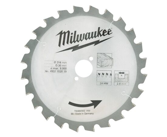 Пильный диск по дереву Milwaukee WCSB 216 x 30 x 2.8 24T для торцовочной пилы - 4932352839, Диаметр диска (мм): 216, Посадочный диаметр (мм): 30, Модель: WCSB 216 x 30 x 2.8 24T, фото 