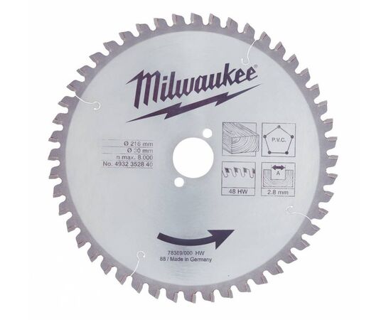 Пильный диск по дереву Milwaukee WCSB 216 x 30 x 2.8 48T для торцовочной пилы - 4932352840, Диаметр диска (мм): 216, Посадочный диаметр (мм): 30, Модель: WCSB 216 x 30 x 2.8 48T, фото 