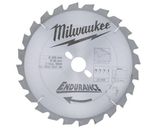 Пильный диск по дереву Milwaukee WCSB 250 x 30 x 3.2 24T для торцовочной пилы - 4932352138, Диаметр диска (мм): 250, Посадочный диаметр (мм): 30, Модель: WCSB 250 x 30 x 3.2 24T, фото 
