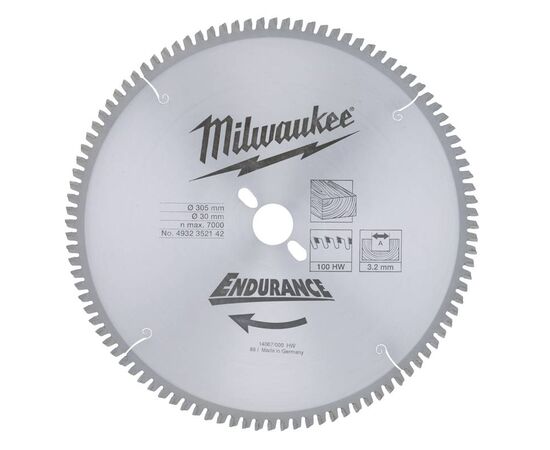 Пильный диск по дереву Milwaukee WCSB 305 x 30 x 3.2 100T для торцовочной пилы - 4932352142, Диаметр диска (мм): 305, Посадочный диаметр (мм): 30, Модель: WCSB 305 x 30 x 3.2 100T, фото 