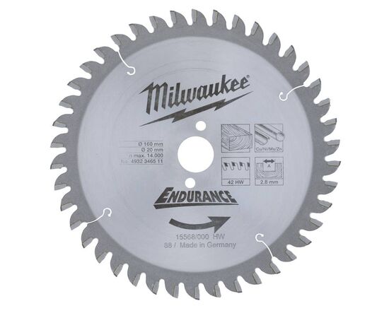 Пильный диск по дереву Milwaukee WNF 160 x 20 x 2.8 42T для циркулярной пилы - 4932346511, Диаметр диска (мм): 160, Посадочный диаметр (мм): 20, Модель: WNF 160 x 20 x 2.8 42T, фото 