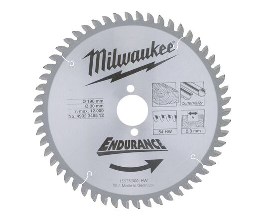 Пильный диск по дереву Milwaukee WNF 190 x 30 x 2.8 54T для циркулярной пилы - 4932346512, Диаметр диска (мм): 190, Посадочный диаметр (мм): 30, Модель: WNF 190 x 30 x 2.8 54T, фото 