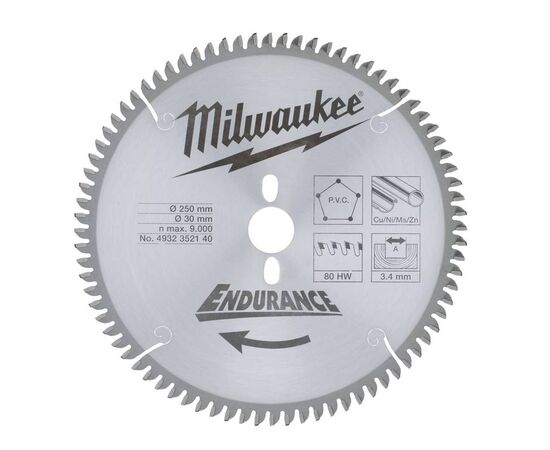 Пильный диск по дереву Milwaukee WNF 250 x 30 x 3.4 80T для торцовочной пилы - 4932352140, Диаметр диска (мм): 250, Посадочный диаметр (мм): 30, Модель: WNF 250 x 30 x 3.4 80T, фото 
