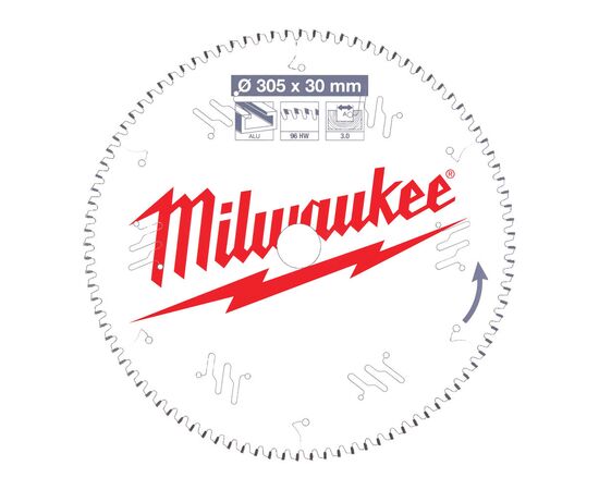Пильный диск по алюминию Milwaukee CSB MS Alu 305 x 30 x 3.0 x 96TF neg. для торцовочной пилы - 4932471323, Диаметр диска (мм): 305, Посадочный диаметр (мм): 30, Модель: CSB MS Alu 305 x 30 x 3.0 x 96TF neg., фото 