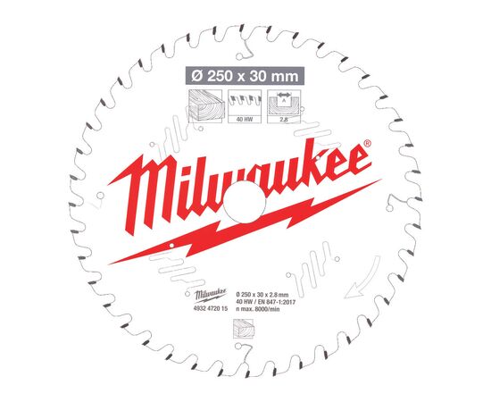 Пильный диск по дереву Milwaukee CSB MS W 250 x 30 x 2.8 x 40ATB для торцовочной пилы - 4932472015, Диаметр диска (мм): 250, Посадочный диаметр (мм): 30, Модель: CSB MS W 250 x 30 x 2.8 x 40ATB, фото 