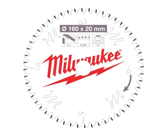 Пильный диск по алюминию Milwaukee CSB P Alu 160 x 20 x 2.2 x 52TF для циркулярной пилы - 4932471292, Диаметр диска (мм): 160, Посадочный диаметр (мм): 20, Модель: CSB P Alu 160 x 20 x 2.2 x 52TF, фото 