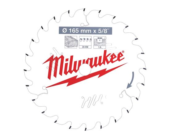 Пильный диск по дереву Milwaukee CSB P W 165 x 15.87 x 1.6 x 24ATB для циркулярной пилы - 4932471311, Диаметр диска (мм): 165, Посадочный диаметр (мм): 15,87, Модель: CSB P W 165 x 15.87 x 1.6 x 24ATB, фото 