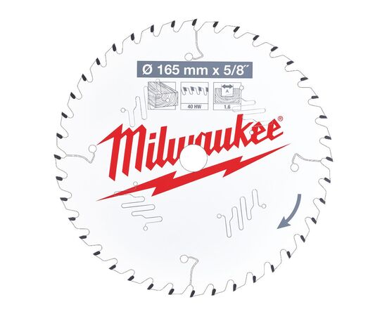 Пильный диск по дереву Milwaukee CSB P W 165 x 15.87 x 1.6 x 40ATB для циркулярной пилы - 4932471312, Диаметр диска (мм): 165, Посадочный диаметр (мм): 15,87, Модель: CSB P W 165 x 15.87 x 1.6 x 40ATB, фото 