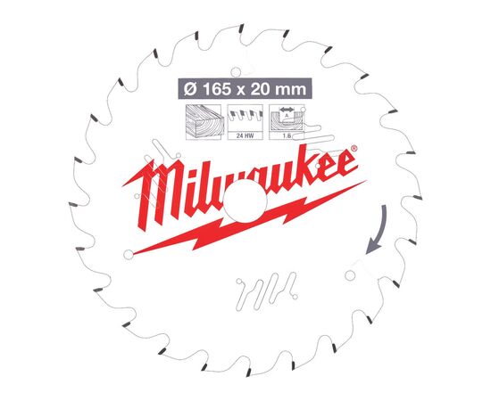 Пильный диск по дереву Milwaukee CSB P W 165 x 20 x 1.6 x 24ATB для циркулярной пилы - 4932471931, Диаметр диска (мм): 165, Посадочный диаметр (мм): 20, Модель: CSB P W 165 x 20 x 1.6 x 24ATB, фото 