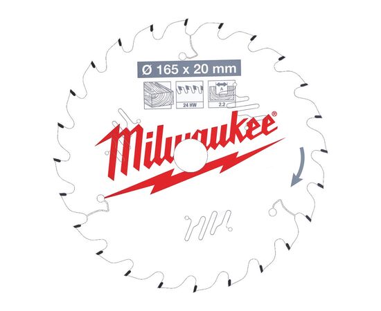 Пильный диск по дереву Milwaukee CSB P W 165 x 20 x 2.2 x 24ATB для циркулярной пилы - 4932471294, Диаметр диска (мм): 165, Посадочный диаметр (мм): 20, Модель: CSB P W 165 x 20 x 2.2 x 24ATB, фото 