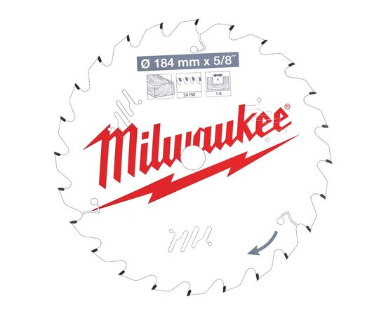 Пильный диск по дереву Milwaukee CSB P W 184 x 5/8 x 1.6 x 24ATB для циркулярной пилы - 4932471378, Диаметр диска (мм): 184, Посадочный диаметр (мм): 15,87, Модель: CSB P W 184 x 5/8 x 1.6 x 24ATB, фото 
