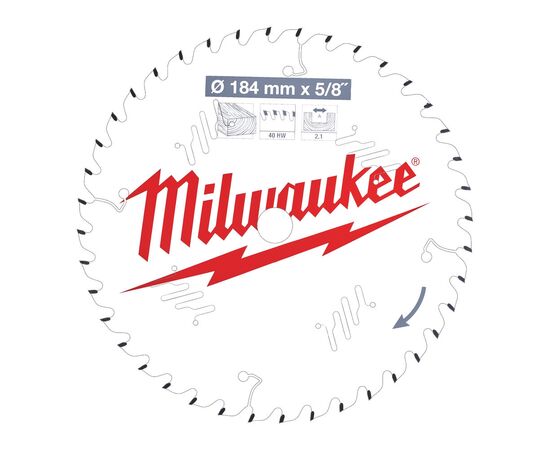 Пильный диск по дереву Milwaukee CSB P W 184 x 5/8 x 2.1 x 40ATB для циркулярной пилы - 4932471379, Диаметр диска (мм): 184, Посадочный диаметр (мм): 15,87, Модель: CSB P W 184 x 5/8 x 2.1 x 40ATB, фото 