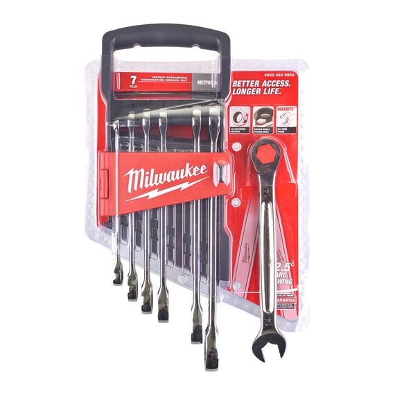 Набор комбинированных ключей с трещоткой Milwaukee MAX BITE™ RATCHETING METRIC COMBINATION SPANNER SET 7PC - 4932464993, Модель: MAX BITE™ RATCHETING METRIC COMBINATION SPANNER SET 7PC, внеший вид, изображение 3