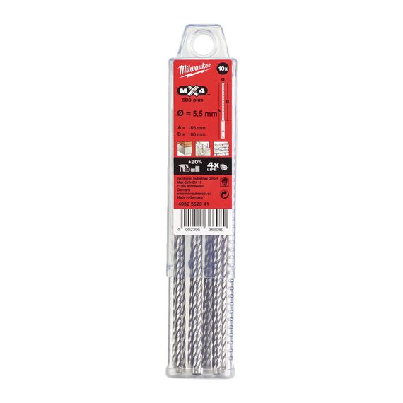 Бур Milwaukee MX4 SDS-Plus 5.5 x 165 MM 10 PCS - 4932352041, Диаметр: 5,5, Модель: MX4 SDS-Plus 5.5 x 165 MM 10 PCS, Длина (мм): 165, внеший вид, изображение 2