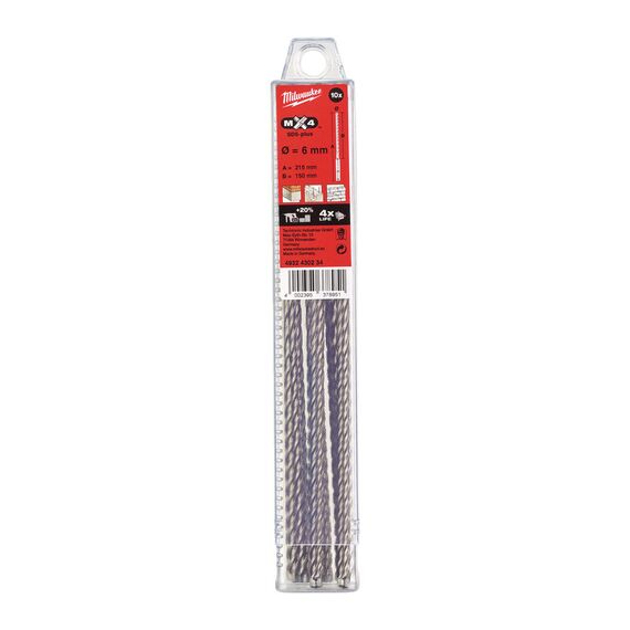 Бур Milwaukee MX4 SDS-Plus 6 x 215 MM 10 PCS - 4932430234, Диаметр: 6, Модель: MX4 SDS-Plus 6 x 215 MM 10 PCS, Длина (мм): 215, внеший вид, изображение 2