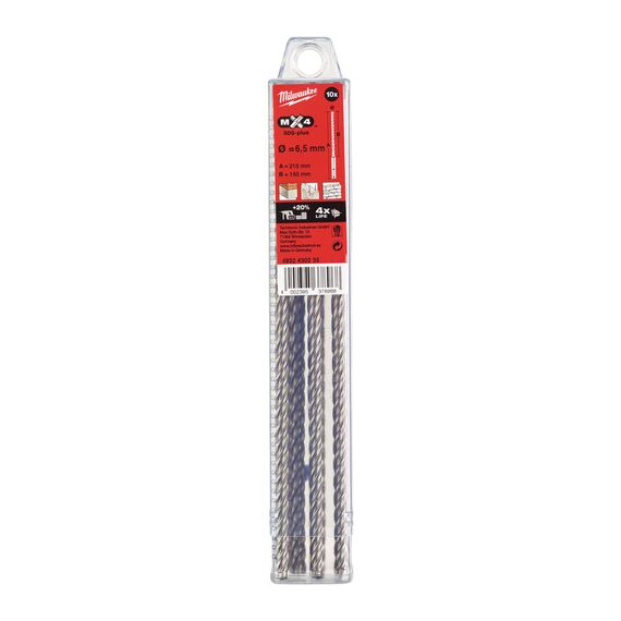 Бур Milwaukee MX4 SDS-Plus 6.5 x 215 MM 10 PCS - 4932430235, Диаметр: 6,5, Модель: MX4 SDS-Plus 6.5 x 215 MM 10 PCS, Длина (мм): 215, внеший вид, изображение 2