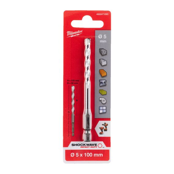 Сверло по мультиматериалам Milwaukee SHOCKWAVE™ Carbide Multi-Material Drill Bit 5 x 100 - 4932471093, Диаметр: 5, Модель: SHOCKWAVE™ Carbide Multi-Material Drill Bit 5 x 100, Длина (мм): 100, внеший вид, изображение 2