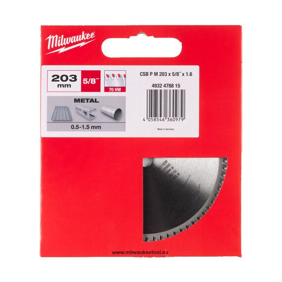 Пильный диск по металлу Milwaukee CSB P M 203 x ⅝ inx1,6 x 70 для циркулярной пилы - 4932478815, Диаметр диска (мм): 203, Посадочный диаметр (мм): 15,87, Модель: CSB P M 203 x ⅝ inx1,6 x 70, внеший вид
