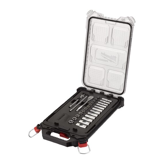 Набор метрических головок с трещоткой Milwaukee METRIC ¼″ RATCHET & SOCKET SET 28 PC - 4932478812, внеший вид