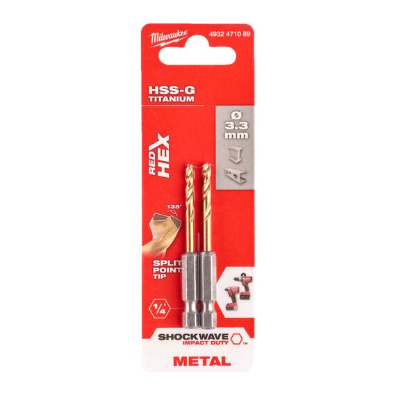 Сверло по металлу с шестигранным хвостовиком Milwaukee Shockwave HSS-G TiN Red Hex 3.3 mm 2 pcs - 4932471089, Диаметр: 3,3, Модель: Shockwave HSS-G TiN Red Hex 3.3 mm 2 pcs, Длина (мм): 67, внеший вид, изображение 2