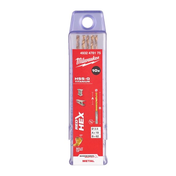 Сверло по металлу с шестигранным хвостовиком Milwaukee Shockwave HSS-G TiN Red Hex 2,5 mm 10 pcs - 4932478175, Диаметр: 2,5, Модель: Shockwave HSS-G TiN Red Hex 2,5 mm 10 pcs, Длина (мм): 62, внеший вид, изображение 2