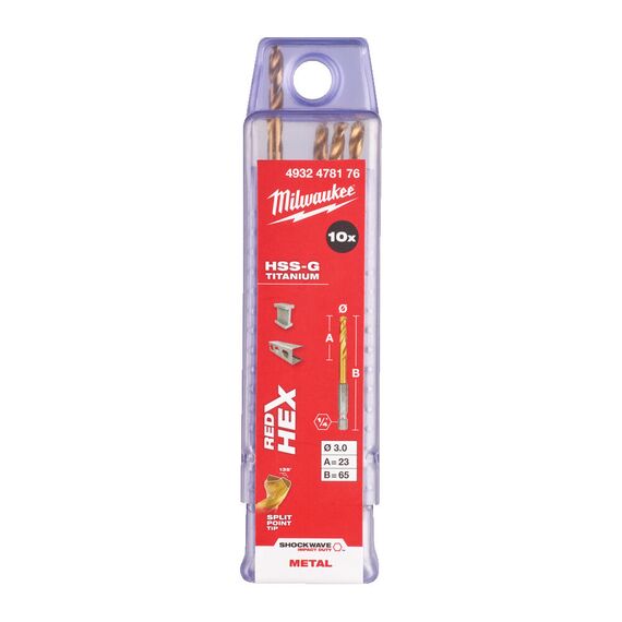 Сверло по металлу с шестигранным хвостовиком Milwaukee Shockwave HSS-G TiN Red Hex 3 mm 10 pcs - 4932478176, Диаметр: 3, Модель: Shockwave HSS-G TiN Red Hex 3 mm 10 pcs, Длина (мм): 65, внеший вид, изображение 2