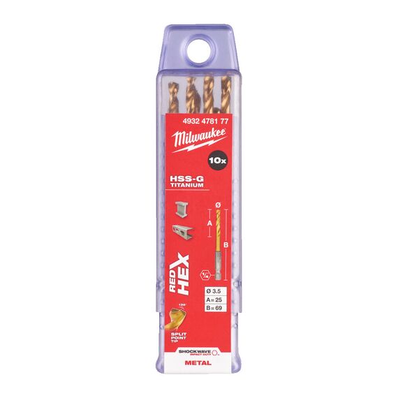 Сверло по металлу с шестигранным хвостовиком Milwaukee Shockwave HSS-G TiN Red Hex 3,5 mm 10 pcs - 4932478177, Диаметр: 3,5, Модель: Shockwave HSS-G TiN Red Hex 3,5 mm 10 pcs, Длина (мм): 69, внеший вид, изображение 2