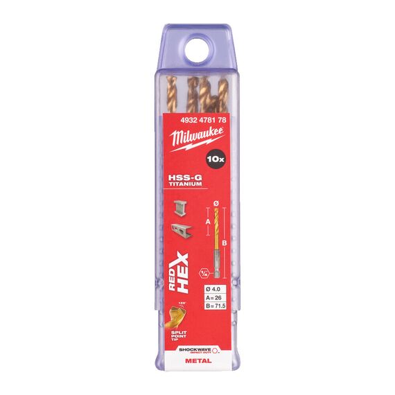 Сверло по металлу с шестигранным хвостовиком Milwaukee Shockwave HSS-G TiN Red Hex 4 mm 10 pcs - 4932478178, Диаметр: 4, Модель: Shockwave HSS-G TiN Red Hex 4 mm 10 pcs, Длина (мм): 71,5, внеший вид, изображение 2