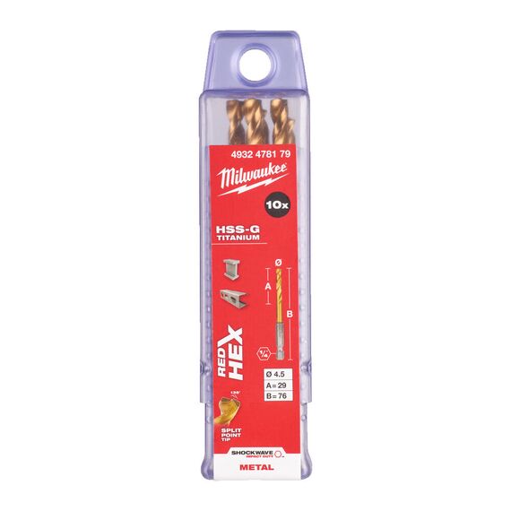 Сверло по металлу с шестигранным хвостовиком Milwaukee Shockwave HSS-G TiN Red Hex 4,5 mm 10 pcs - 4932478179, Диаметр: 4,5, Модель: Shockwave HSS-G TiN Red Hex 4,5 mm 10 pcs, Длина (мм): 76, внеший вид, изображение 2
