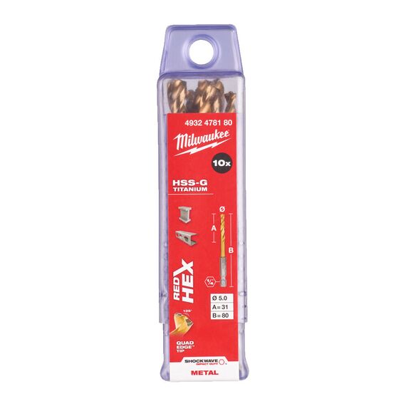 Сверло по металлу с шестигранным хвостовиком Milwaukee Shockwave HSS-G TiN Red Hex 5 mm 10 pcs - 4932478180, Диаметр: 5, Модель: Shockwave HSS-G TiN Red Hex 5 mm 10 pcs, Длина (мм): 80, внеший вид, изображение 2
