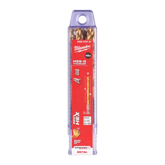 Сверло по металлу с шестигранным хвостовиком Milwaukee Shockwave HSS-G TiN Red Hex 6 mm 10 pcs - 4932478181, Диаметр: 6, Модель: Shockwave HSS-G TiN Red Hex 6 mm 10 pcs, Длина (мм): 105, внеший вид, изображение 2