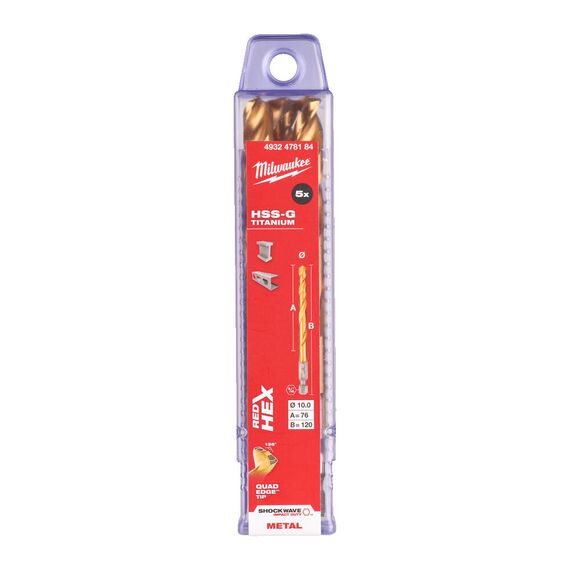 Сверло по металлу с шестигранным хвостовиком Milwaukee Shockwave HSS-G TiN Red Hex 10 mm 5 pcs - 4932478184, Диаметр: 10, Модель: Shockwave HSS-G TiN Red Hex 10 mm 5 pcs, Длина (мм): 120, внеший вид, изображение 2