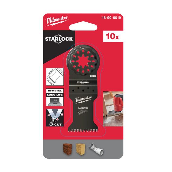 Полотно по дереву Milwaukee WOOD 35 MM PLUNGE CUT BI-METAL BLADE FOR LONG LIFE AND 3 CUT TOOTH GEOMETRY FOR FAST AND CLEAN CUTS 10 PC - 48906019, Ширина лезвия (мм): 35, Модель: WOOD 35 MM PLUNGE CUT BI-METAL BLADE FOR LONG LIFE AND 3 CUT TOOTH GEOMETRY FOR FAST AND CLEAN CUTS 10 PC, Длина (мм): 42, внеший вид, изображение 2