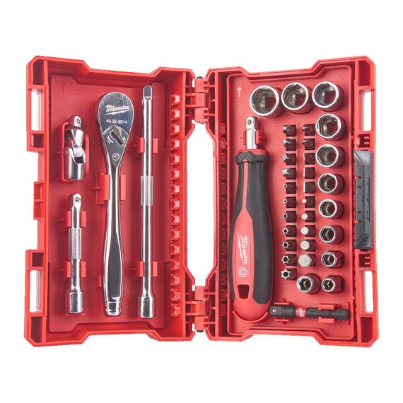 Набор ударных бит и головок с трещоткой Milwaukee ¼″ RATCHET & DRIVER SOCKET SET - 4932479096, внеший вид