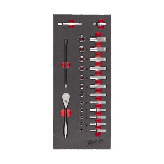 Ложемент с головками и трещоткой Milwaukee ¼″ Ratchet and Socket Set Foam Insert - 4932479824, внеший вид